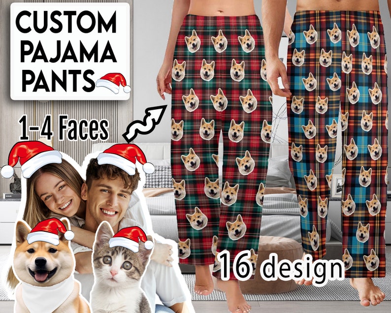 May include: Custom pyjama pants with a red and green plaid pattern and a variety of dog faces printed on them. The text "1-4 Faces" and "16 design" is visible on the image.