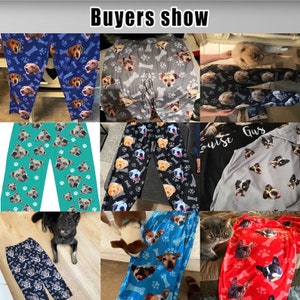May include: A collage of images showcasing various individuals wearing personalised dog face pyjamas. The pyjamas are offered in a range of colours and designs, including blue, green, black, grey, and red. The pyjamas feature a recurring pattern of dog faces and bones.