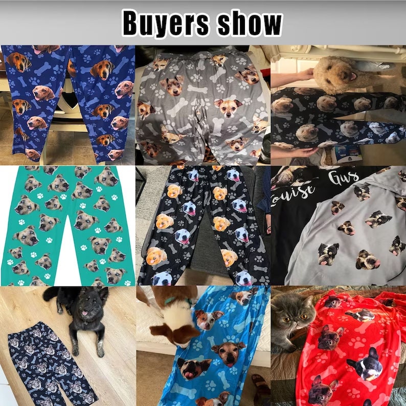 May include: A collage of images showcasing various individuals wearing personalised dog face pyjamas. The pyjamas are offered in a range of colours and designs, including blue, green, black, grey, and red. The pyjamas feature a recurring pattern of dog faces and bones.