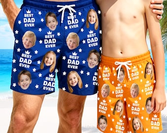 Custom Face Best Dad Ever Beach Shorts: Personalized Swim Trunks for Father's Day Gift