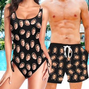 May include: Black one-piece swimsuit and matching swim trunks, both featuring a repeating pattern of faces. The swimsuit has a scoop neck and adjustable side ties. The swim trunks have a white drawstring.