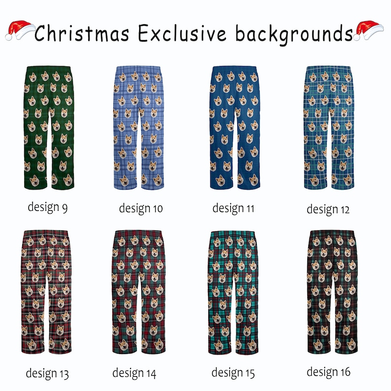 May include: Twelve different designs for pyjama trousers featuring a plaid pattern with a repeated image of a dog's face. The designs include green, blue, red, black, and white plaid patterns.