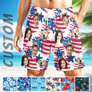 Custom Face Swim Trunks: Personalized 4th of July American Flag Beach Shorts