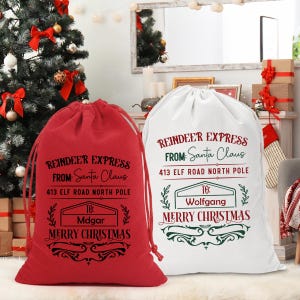 Premium Custom Santa Sack | Thick Canvas Personalised Christmas Present Gift Bag for Him Her Kids Adults | Add Name Initial Xmas Stocking