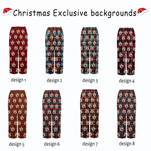 May include: Eight different designs of red and blue plaid pyjama trousers with a dog face pattern. The designs are labelled "design 1" through "design 8".
