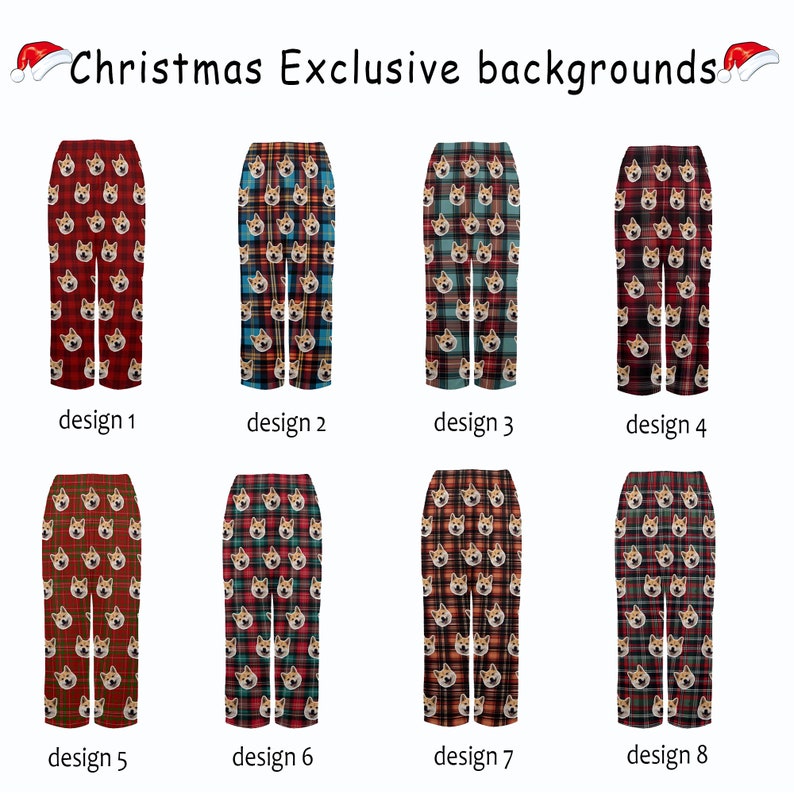 May include: Eight different designs of red and blue plaid pyjama trousers with a dog face pattern. The designs are labelled "design 1" through "design 8".
