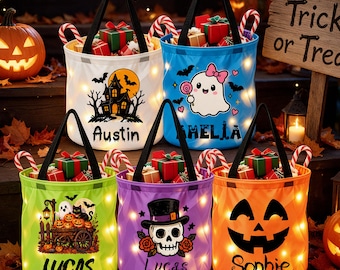 Personalized Light-up Halloween Basket for Kids, Custom Name Trick or Treat Bucket, Candy Bag