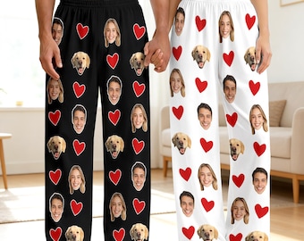 Custom Photo Pajama Pants with Red Heart: Personalized Face Bottom Christmas gifts