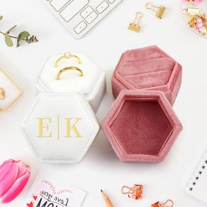 Personalized Velvet Ring Box: Monogrammed Octagonal Wedding Ring Holder