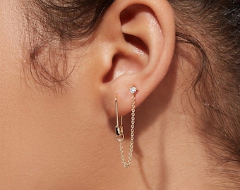 Chaîne de trombone, boucle d'oreille double piercing Boucle d'oreille en or avec épingle de sûreté Boucles d'oreilles uniques à la mode pour petite-fille bijoux audacieux