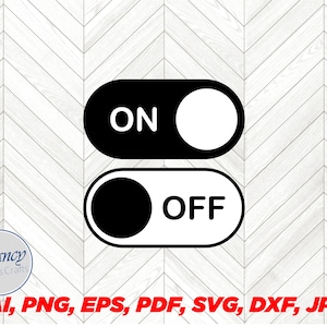 May include: Black and white graphic of an on/off switch. The switch is in the on position with the word "ON" and a white circle. The switch is in the off position with the word "OFF" and a black circle.