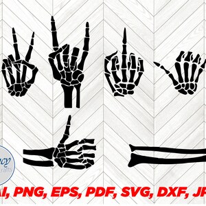 Op de afbeelding: Set van zes zwarte skelethand-snijbestanden in verschillende poses, waaronder peace-teken, rock on, middelvinger, shaka, duim omhoog en een gestrekte arm.  AI, PNG, EPS, PDF, SVG, DXF, JPG.