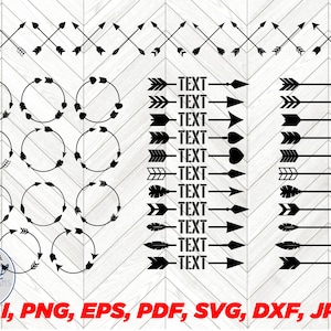 May include: A set of black and white arrow and circle design elements. The set includes arrows pointing in different directions, circles with arrows around the perimeter, and text placeholders. The text reads "TEXT".