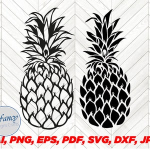 May include: Black and white silhouette of a pineapple with a detailed design. The pineapple is shown twice, once with a white outline and once with a black outline.
