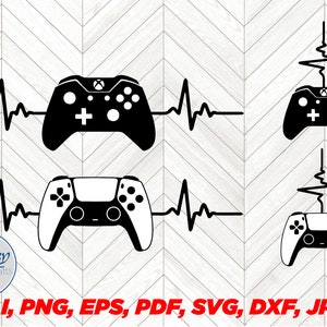 May include: Black and white graphic design of a video game controller with a heartbeat line. The text "AI, PNG, EPS, PDF, SVG, DXF, JPG" is at the bottom of the image.