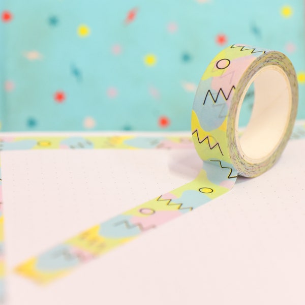 Pastel Colour Retro Shapes Washi Tape, Decorative Paper Tape in colourful pastel pattern for Bullet Journaling, Snail Mail, Scrapbooking