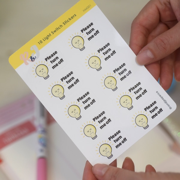 Energy Saving Turn Off Lights Water Resistant Vinyl Sticker Sheet A6, Assorted Kiss Cut Lightbulb Stickers