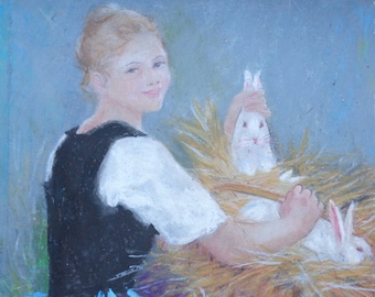 SALE!  35.00Original Watercolor Oil Pastel Farm Girl Holding Rabbits PAINTING for your Inn, B & B or home