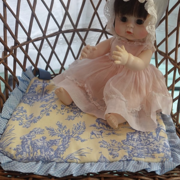 Toile Chair Cushions, Country Toile Chair Pads, Large Doll Chair Cushions, Doll Room Chair Pads, Chair Pads with Ruffles