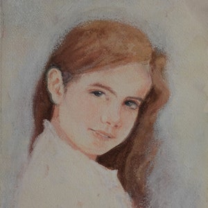 Retrato de una niña, retrato de acuarela pintado a mano, pintura de una joven sonriendo, arte de pared fino para la habitación de muñecas, decoración de la pared de la niña
