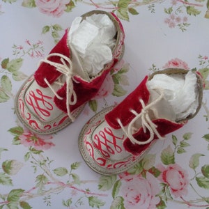 Hand-Painted Vintage Doll Shoes, Saddle Shoes for Vintage Doll, OOAK Leather Velvet Saddle Shoes, Red and White Swirl Doll Shoes, Art Shoes