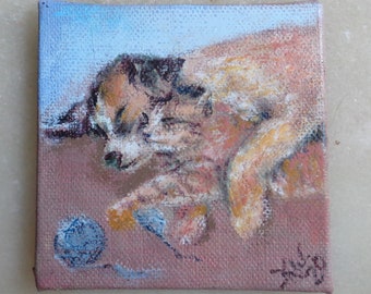 Sweet sleeping Beagle Dog & Orange Tabby Cat FINE animal Painting on canvas