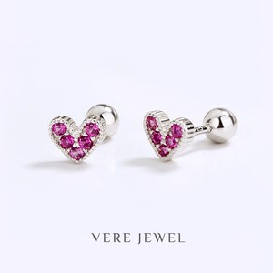 Love Shape Stud Earrings, Red Corundum Zircon Heart Shape Stud, Crystal earrings, Handmade Jewelry for Women, Girl, Gift for Her