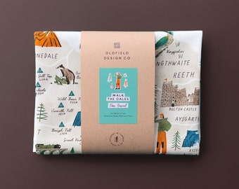 Walk the Dales Tea Towel - 30 Walks of the Yorkshire Dales. Illustrated map by Oldfield Design Co