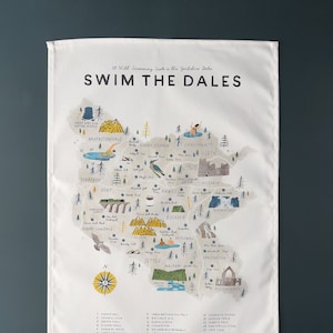 Swim the Dales Tea Towel - 30 Wild Swimming spots in the Yorkshire Dales. Illustrated map by Oldfield Design Co