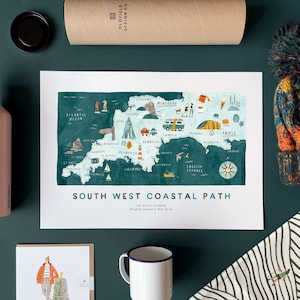 May include: An illustrated map of the South West Coastal Path in England, printed on a white background. The map shows the coastline from Minehead to Poole, with various towns and landmarks marked. The text "South West Coastal Path" and "400 Miles (644km) Minehead Somerset to Poole Dorset" is printed below the map.