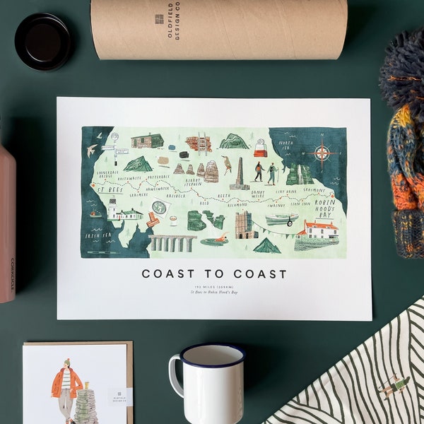 The Coast to Coast - A3 Illustrated Route Map from St Bees to Robin Hood's Bay by Oldfield Design Co