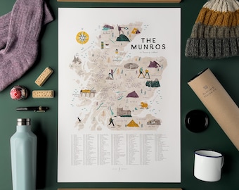 The Munros - A2 Illustrated Map Checklist. The complete 282 Munro Mountains of Scotland by Oldfield Design Co