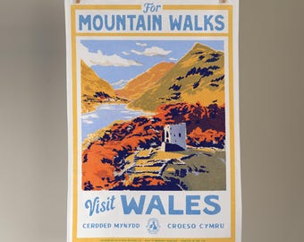 Vintage Visit The Welsh Mountains Tea Towel by Oldfield Design Co