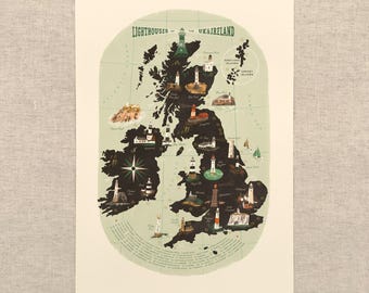 Lighthouses of the United Kingdom - A3 Illustrated Map by Oldfield Design Co.