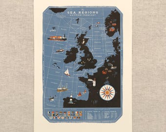 The Sea Regions of the United Kingdom - A3 Illustrated Map by Oldfield Design Co.