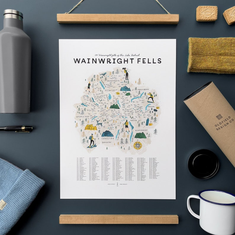 Wainwright Fells Illustrated Map Checklist. The complete 214 Wainwright Fells of the Lake District by Oldfield Design Co image 1