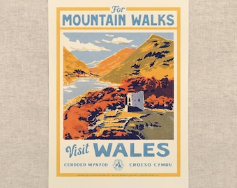 Vintage Visit the Welsh Mountains- Art Print by Oldfield Design Co
