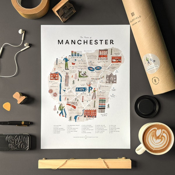 Music of Manchester - 30 Iconic Music Venues of Manchester. A3. Illustrated map by Oldfield Design Co