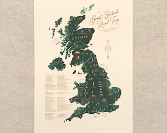 May include: A map print titled "The Great British Road Trip" featuring a watercolor-style illustration of the United Kingdom. The map highlights key locations with small icons and text labels, using a color palette of green, brown, and cream.