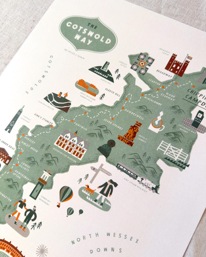 Cotswold Way - A3 Illustrated Route Map by Oldfield Design Co - Etsy UK