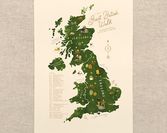 May include: A map print titled "The Great British Walk" depicts the United Kingdom in shades of green. The map highlights walking routes with illustrations of people, landmarks, and text. The print includes a list of walking routes.