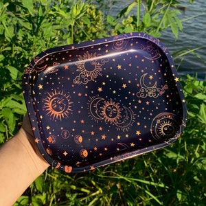 Celestial Astrology Rolling Tray Sun Moon & Stars Small Metal Rolling Tray Vintage Decorative Tray Mini Catch All Trinket Dish Horoscopes