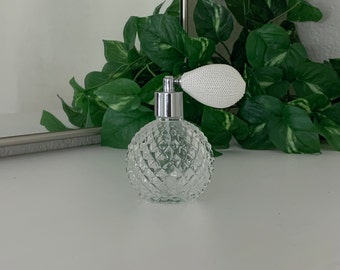 Glass Perfume Atomizer Bottle w/ Silver Trim -  Vintage Geometric Clear Glass Atomizer Mister Spray Bottle Royalcore Decor Rocco Aesthetic