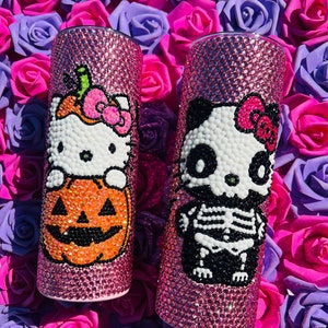 Pre-Order Pink Halloween Kitty Rhinestone Tumbler, Cute Pumpkin Ghost, Skeleton Bejeweled Mug, Spooky Halloween Gifts, Pumpkin Spice