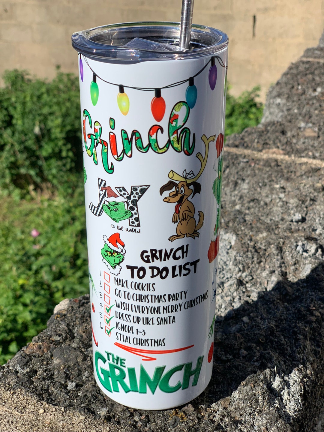 Grinchmas Inspired Skinny 20 Oz Christmas Coffee Cup, Stainless Steel