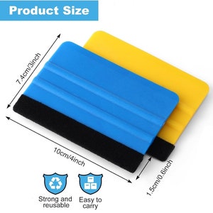 May include: Two blue and yellow plastic squeegees with black foam edges. The squeegees are 7.4 inches long and 4 inches wide. The smaller squeegee is 0.6 inches wide. The text "Product Size" is at the top of the image. The text "Strong and reusable" and "Easy to carry" is at the bottom of the image.