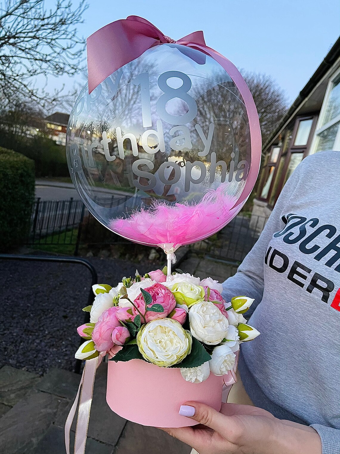 Personalised Balloon Artificial Flower Box Birthday Universary Etsy