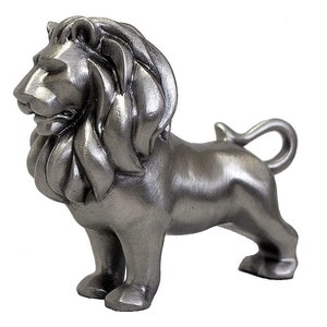 Pewter lion standing, African, decor, figurine, art, decorative, office, living room, home, corporate, safari, ornament