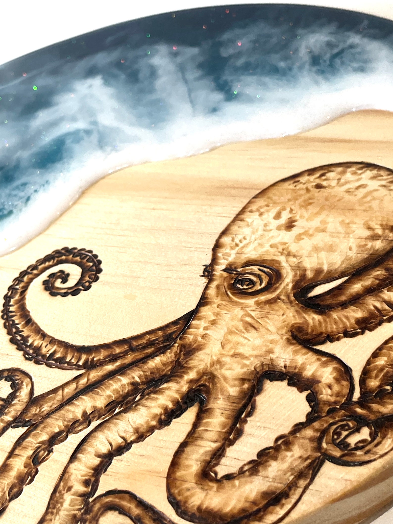 Octopus design Pyrography art with Epoxy resin ocean waves | Etsy