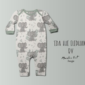 May include: A white baby onesie with a green and grey elephant print. The onesie has long sleeves and a V-neck. The text "EDA THE ELEPHANT" and "BY Munki Feet Designs" is printed on the onesie.